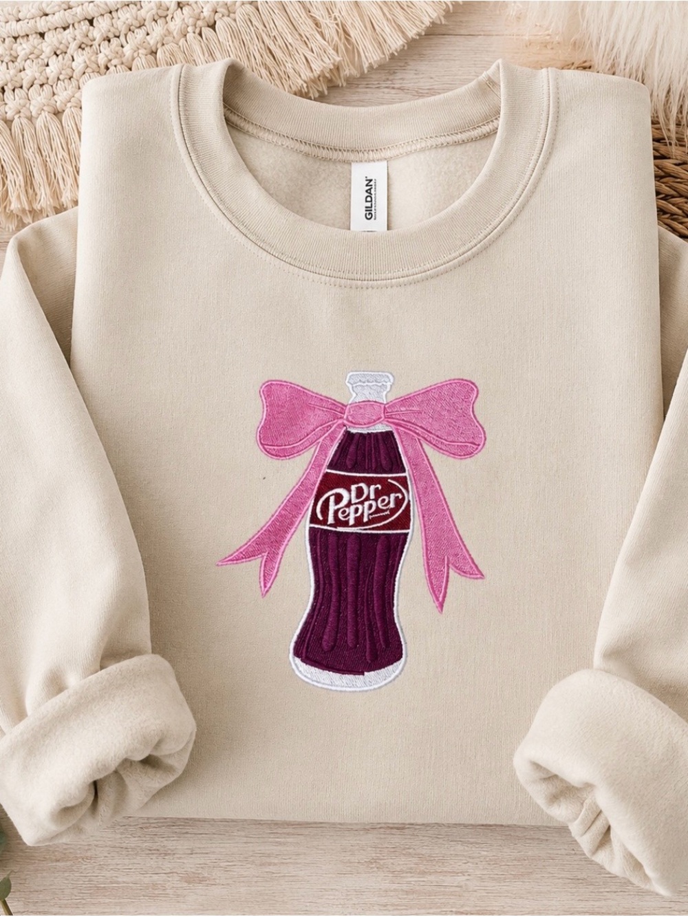 Dr Pepper Embroidered Bottle Sweatshirt - Cream with Pink Accent